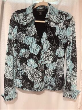 INC International Concepts Black and Light Blue Floral Button-Front Blouse